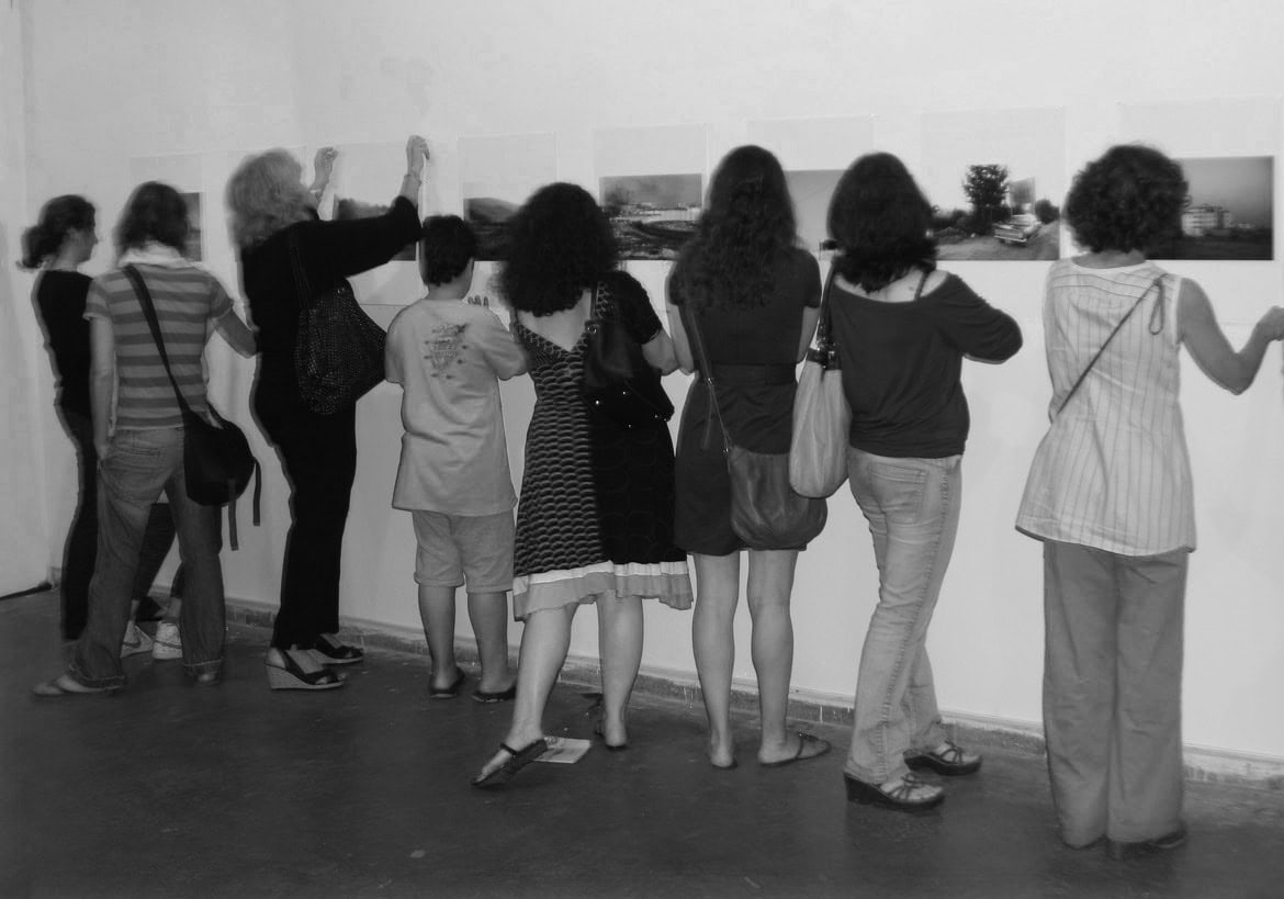 Today - Herzliya Biennial solo exibition - ohad -visitors taking works off the walls- bw